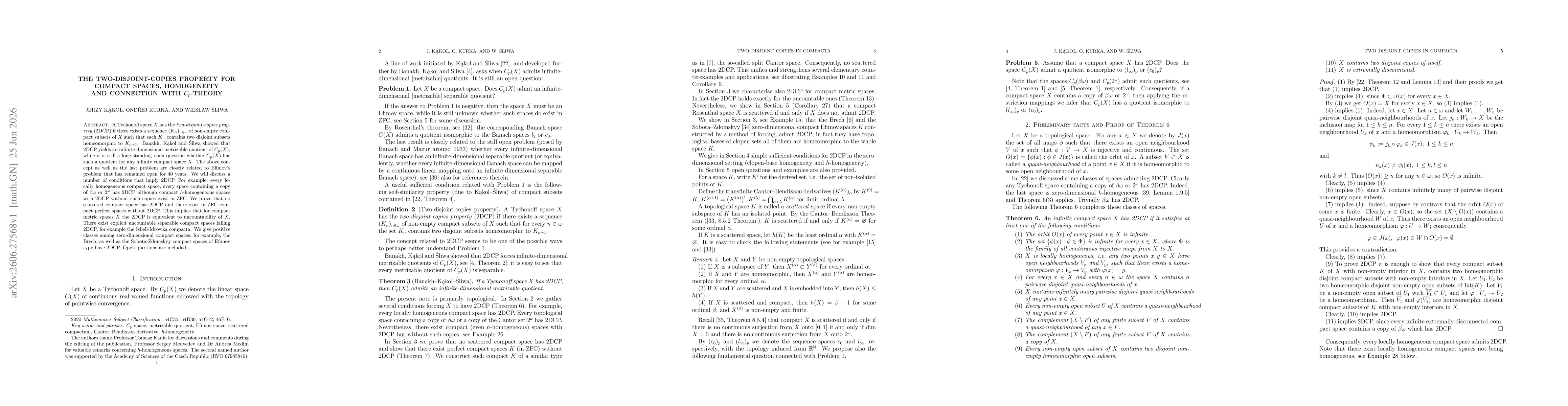 Thumbnail for The two-disjoint-copies property for compact spaces, homogeneity and connection with $C_p$-theory