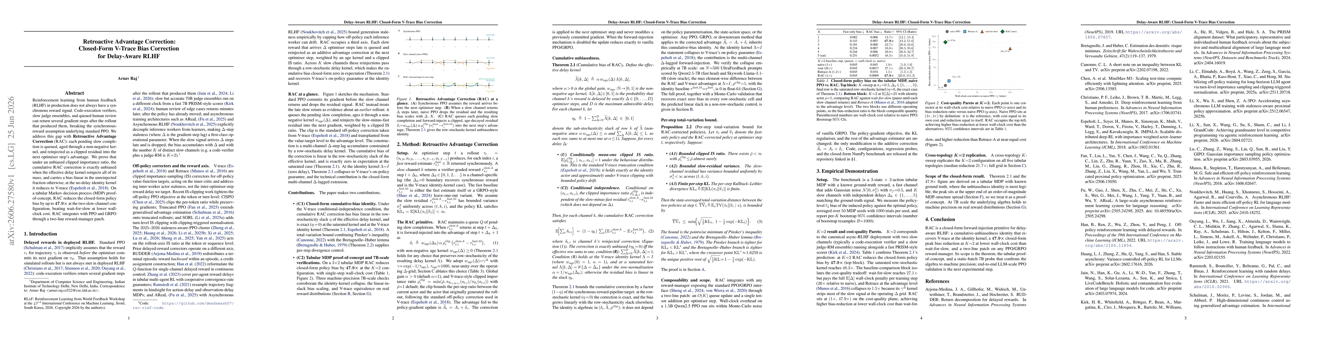Thumbnail for Retroactive Advantage Correction: Closed-Form V-Trace Bias Correction for Delay-Aware RLHF