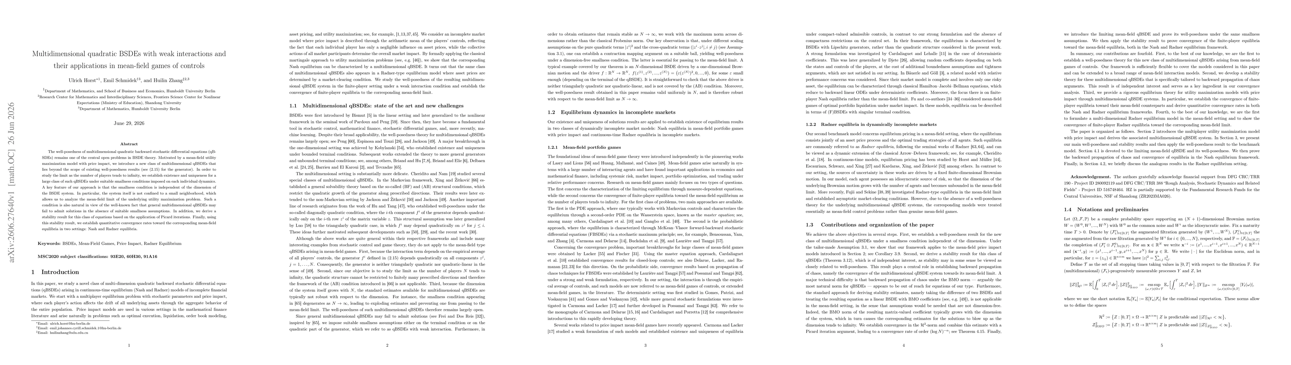 Thumbnail for Multidimensional quadratic BSDEs with weak interactions and their applications in mean-field games of controls