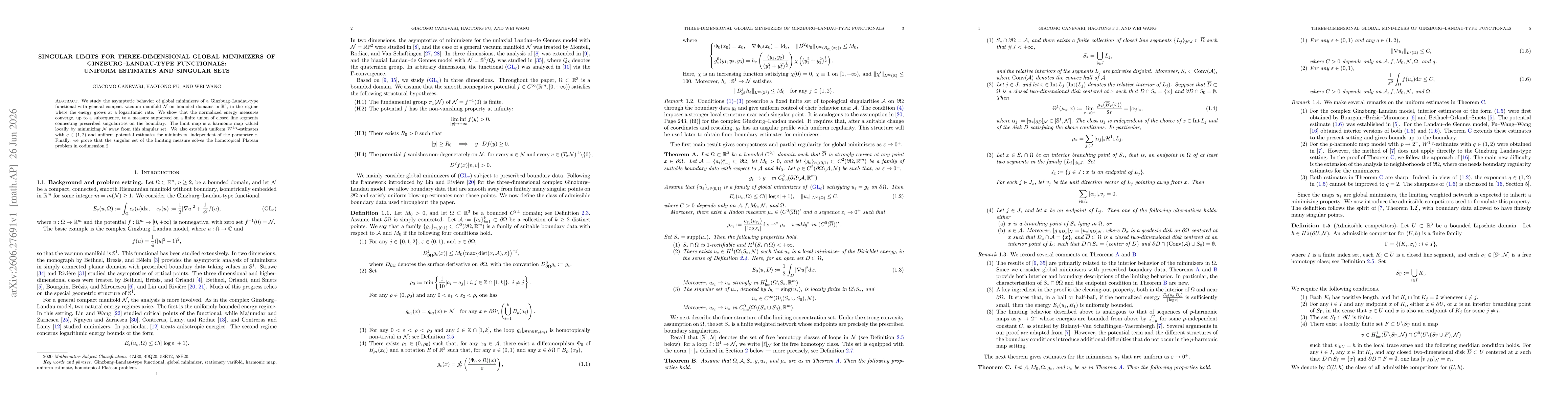 Thumbnail for Singular Limits for Three-Dimensional Global Minimizers of Ginzburg--Landau-Type Functionals: Uniform Estimates and Singular Sets