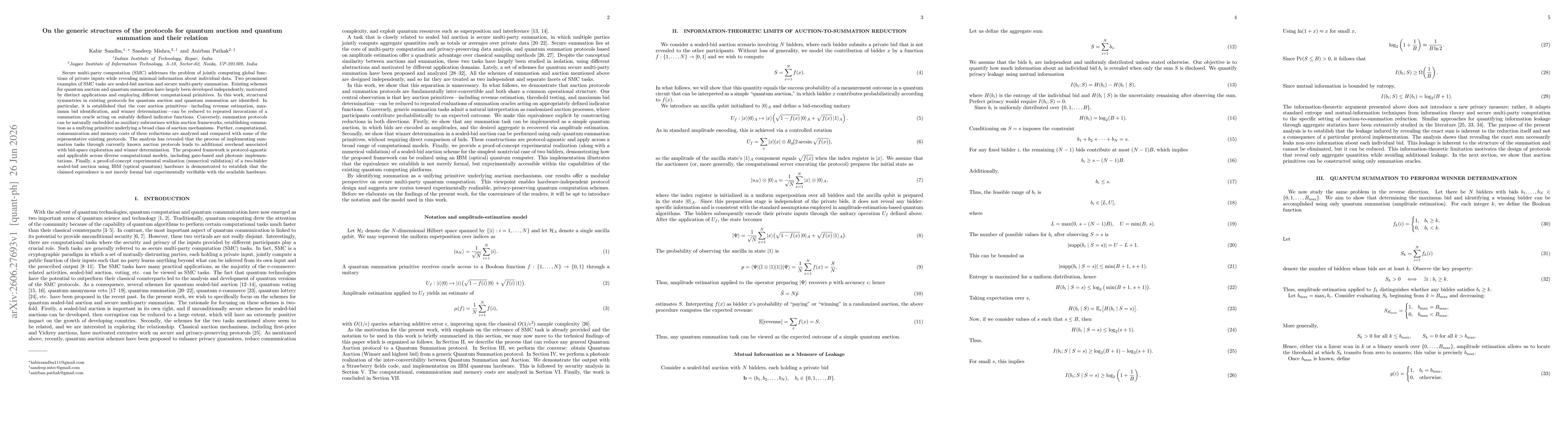 Thumbnail for On the generic structures of the protocols for quantum auction and quantum summation and their relation