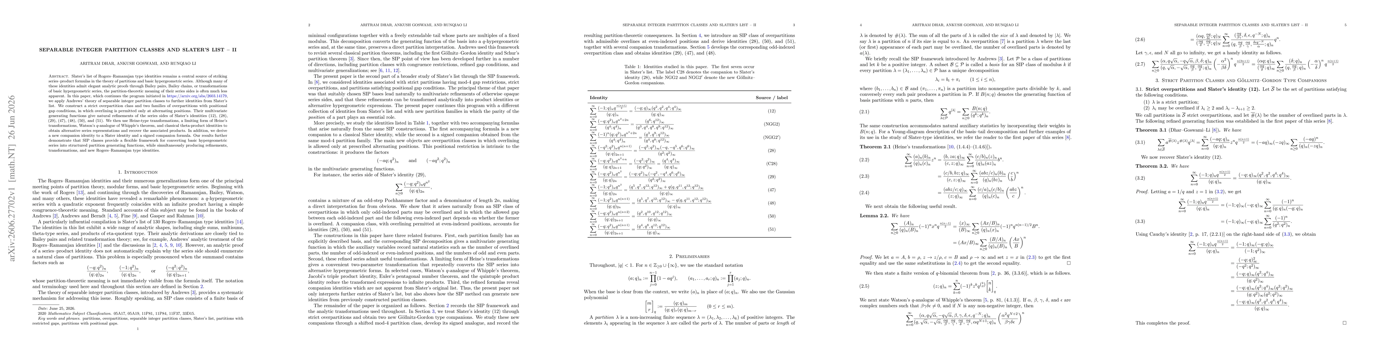 Thumbnail for Separable integer partition classes and Slater's list -- II
