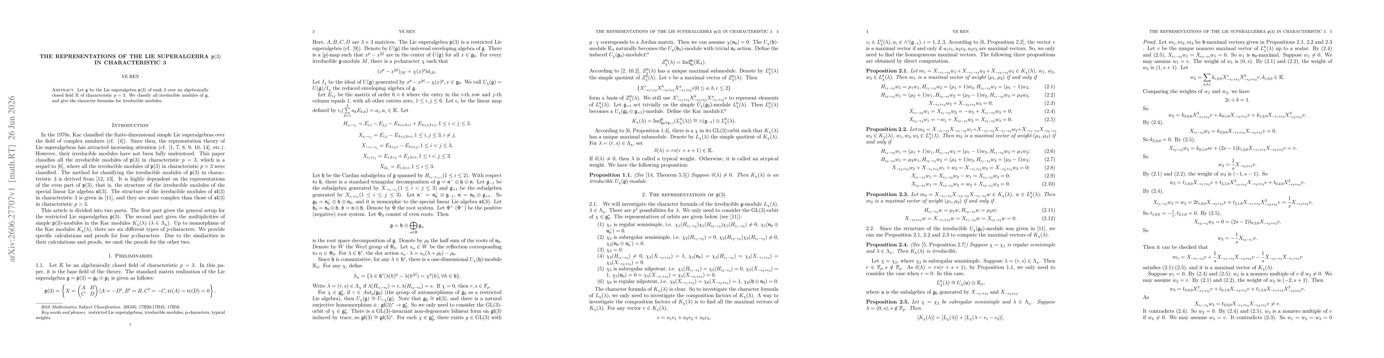 Thumbnail for The representations of the Lie superalgebra $p(3)$ in characteristic 3