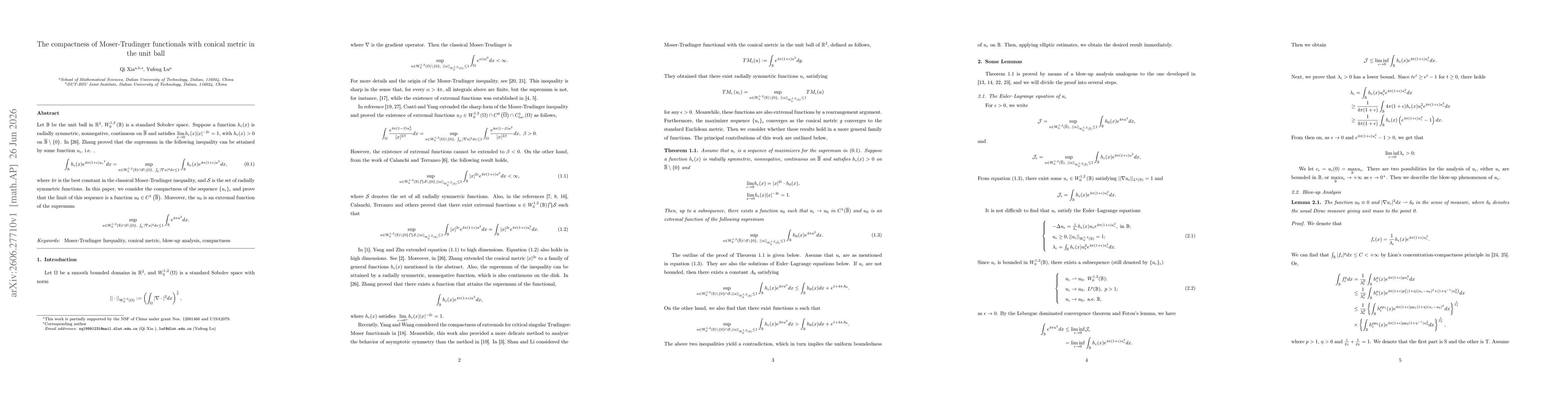Thumbnail for The compactness of Moser-Trudinger functionals with conical metric in the unit ball