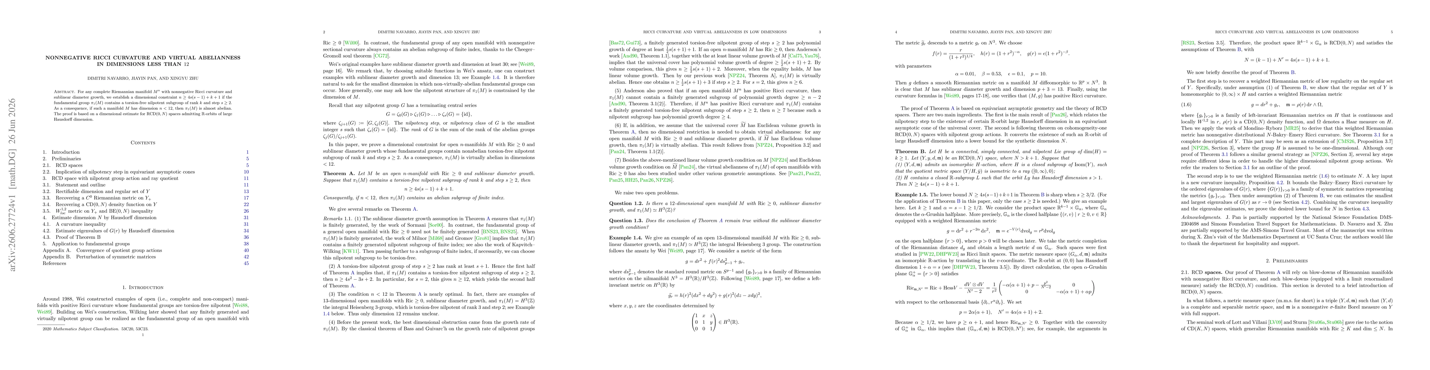 Thumbnail for Nonnegative Ricci curvature and virtual abelianness in dimensions less than 12