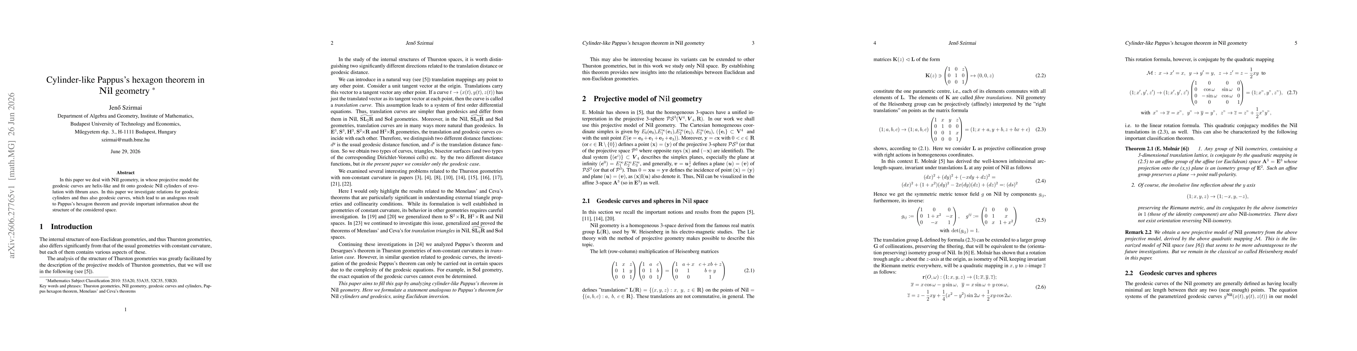 Thumbnail for Cylinder-like Pappus's hexagon theorem in Nil geometry