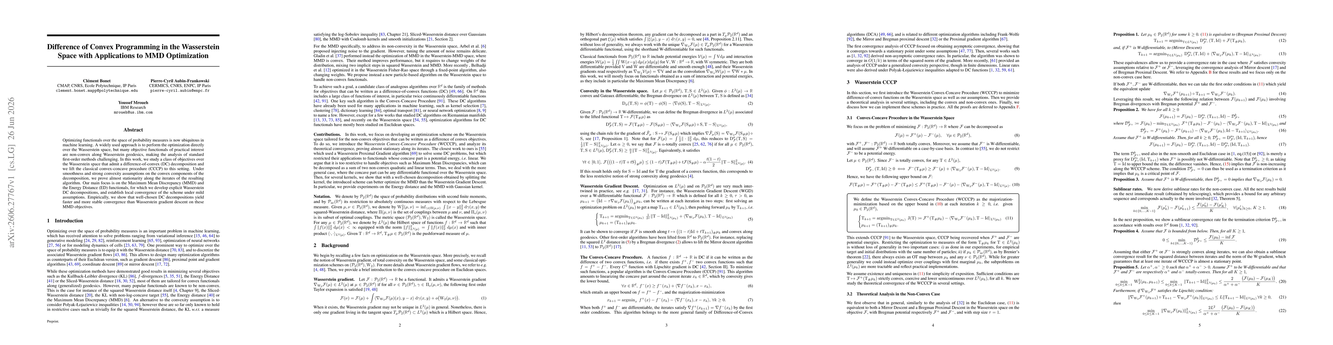 Thumbnail for Difference of Convex Programming in the Wasserstein Space with Applications to MMD Optimization