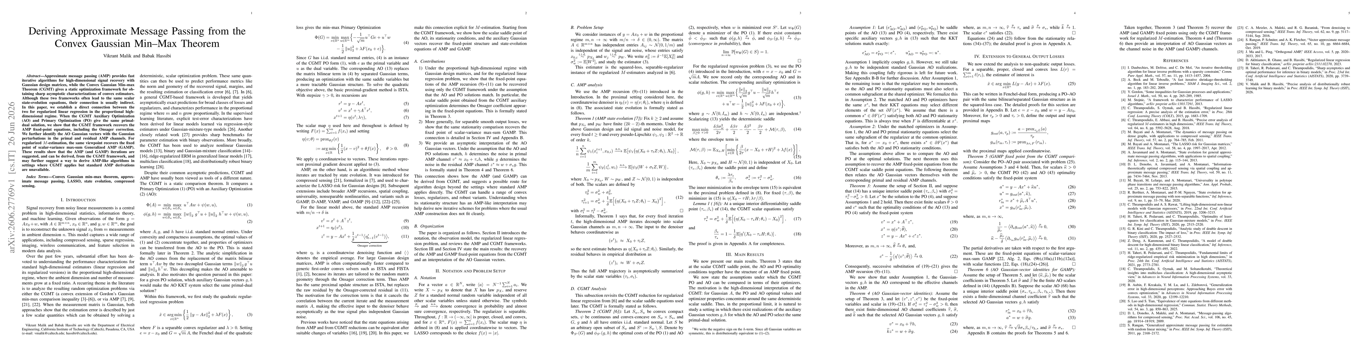 Thumbnail for Deriving Approximate Message Passing from the Convex Gaussian Min-Max Theorem