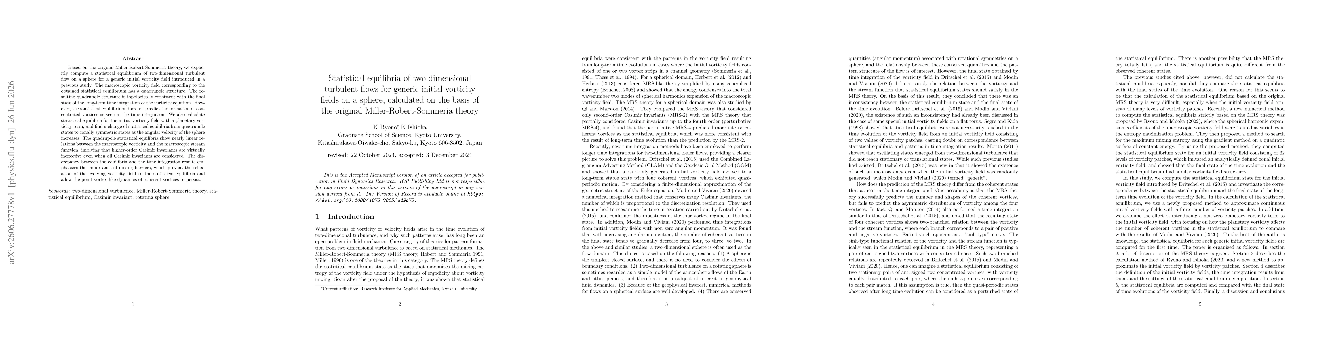 Thumbnail for Statistical equilibria of two-dimensional turbulent flows for generic initial vorticity fields on a sphere, calculated on the basis of the original Miller-Robert-Sommeria theory