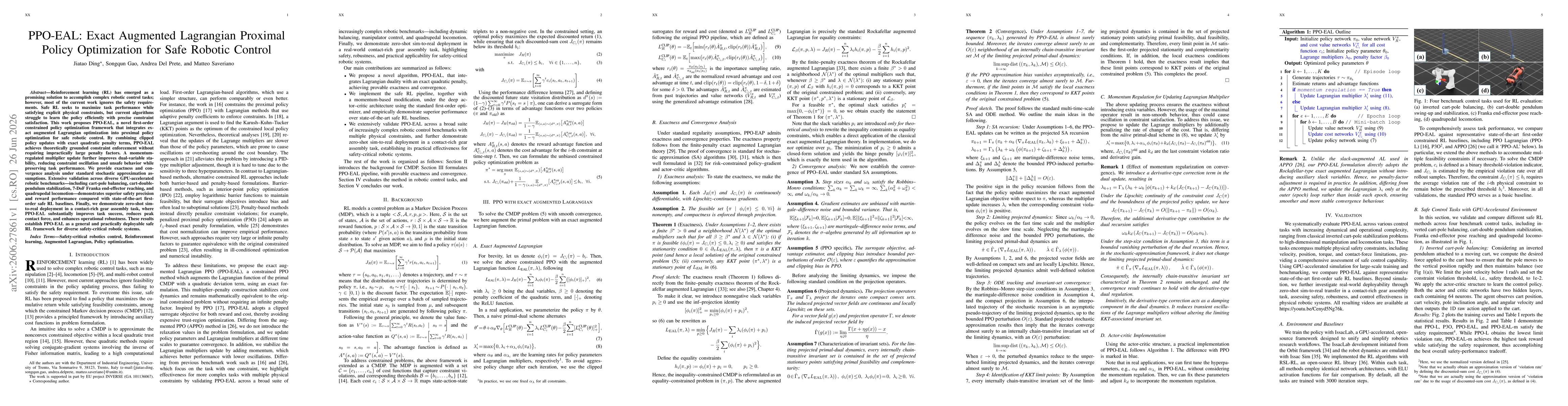 Thumbnail for PPO-EAL: Exact Augmented Lagrangian Proximal Policy Optimization for Safe Robotic Control