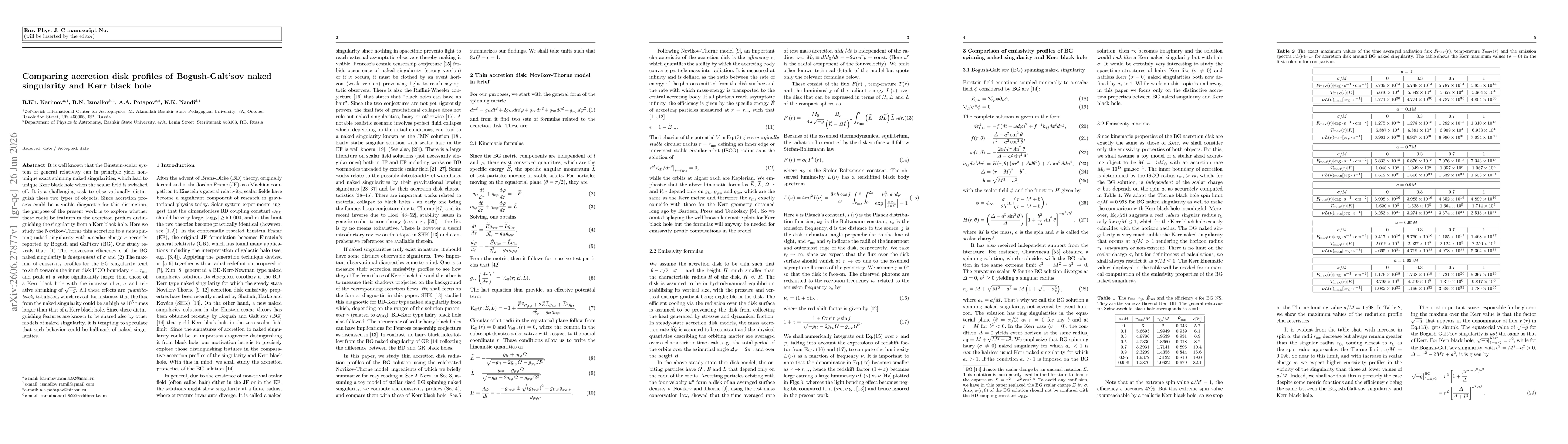 Thumbnail for Comparing accretion disk profiles of Bogush-Galt'sov naked singularity and Kerr black hole
