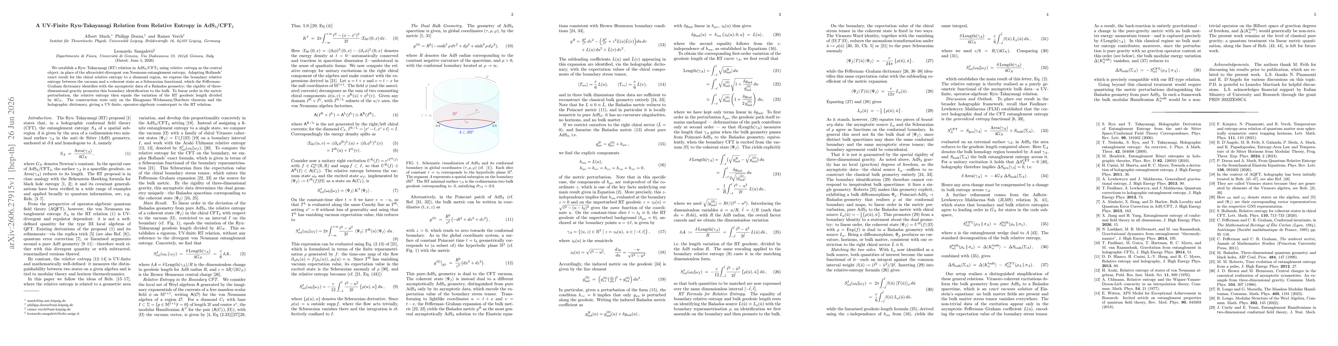 Thumbnail for A UV-Finite Ryu-Takayanagi Relation from Relative Entropy in AdS$_3$/CFT$_2$