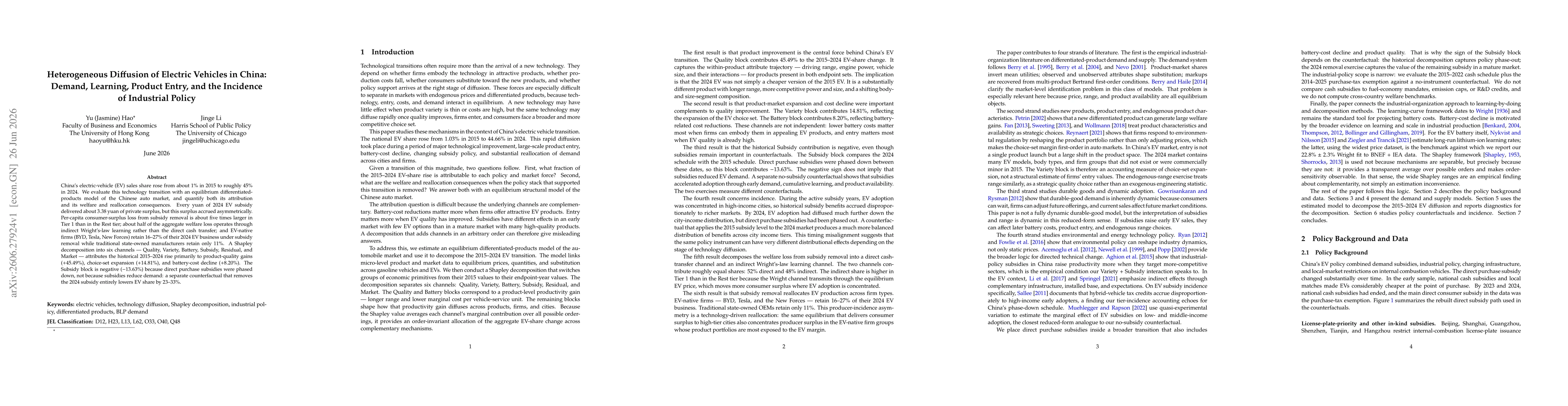 Thumbnail for Heterogeneous Diffusion of Electric Vehicles in China: Demand, Learning, Product Entry, and the Incidence of Industrial Policy