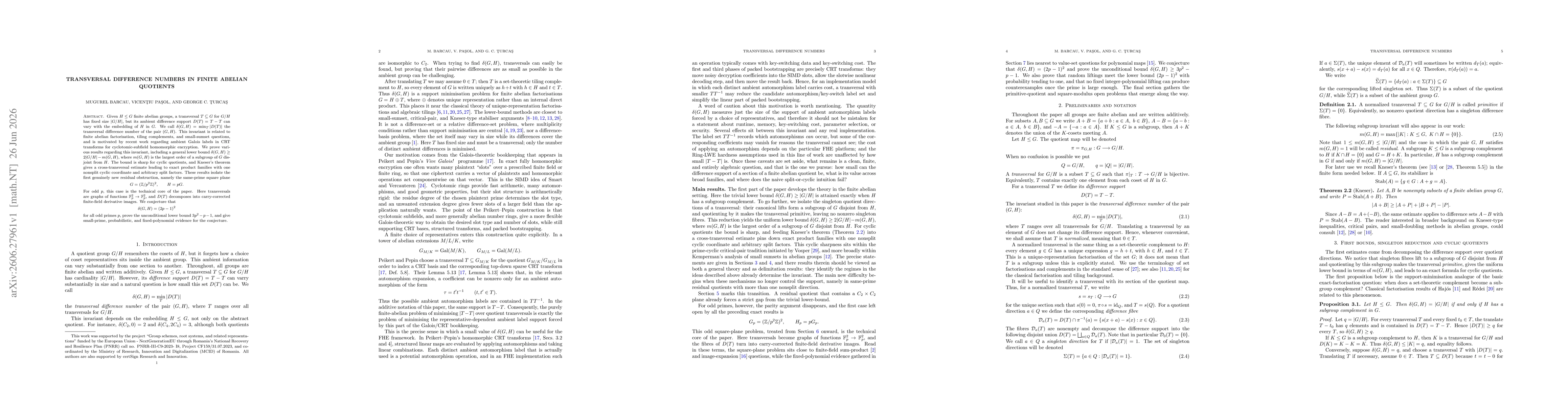 Thumbnail for Transversal Difference Numbers in Finite Abelian Quotients