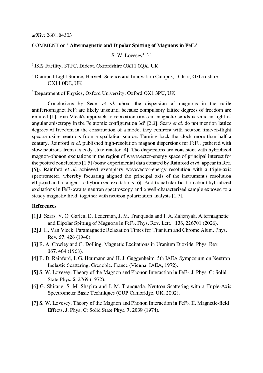 Thumbnail for Comment on "Altermagnetic and Dipolar Spitting of Magnons in FeF_2" arXiv:2601.04303
