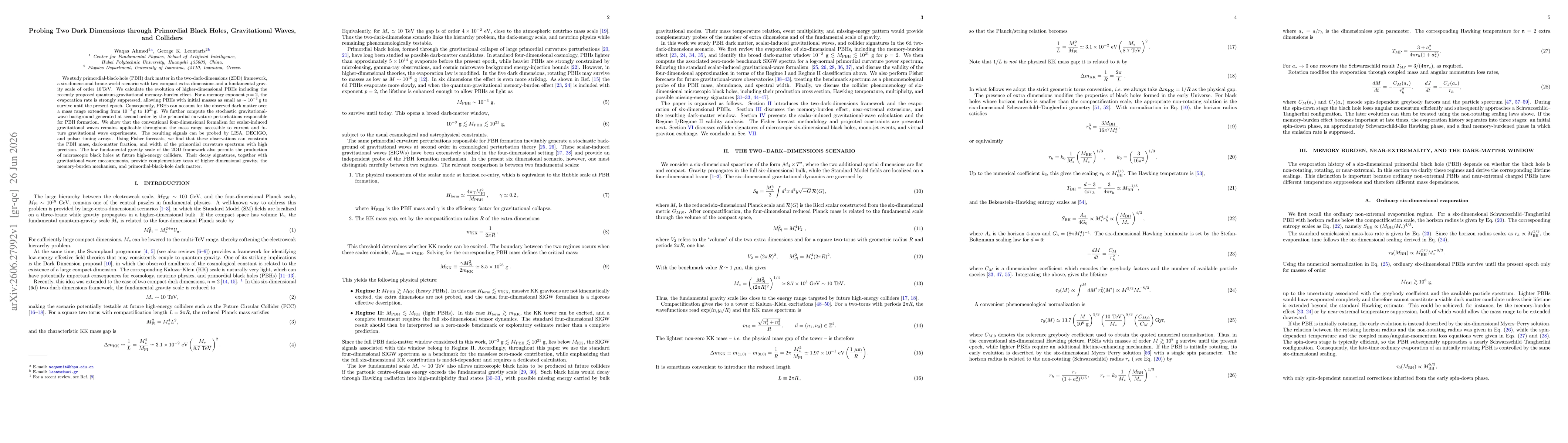 Thumbnail for Probing Two Dark Dimensions through Primordial Black Holes, Gravitational Waves, and Colliders