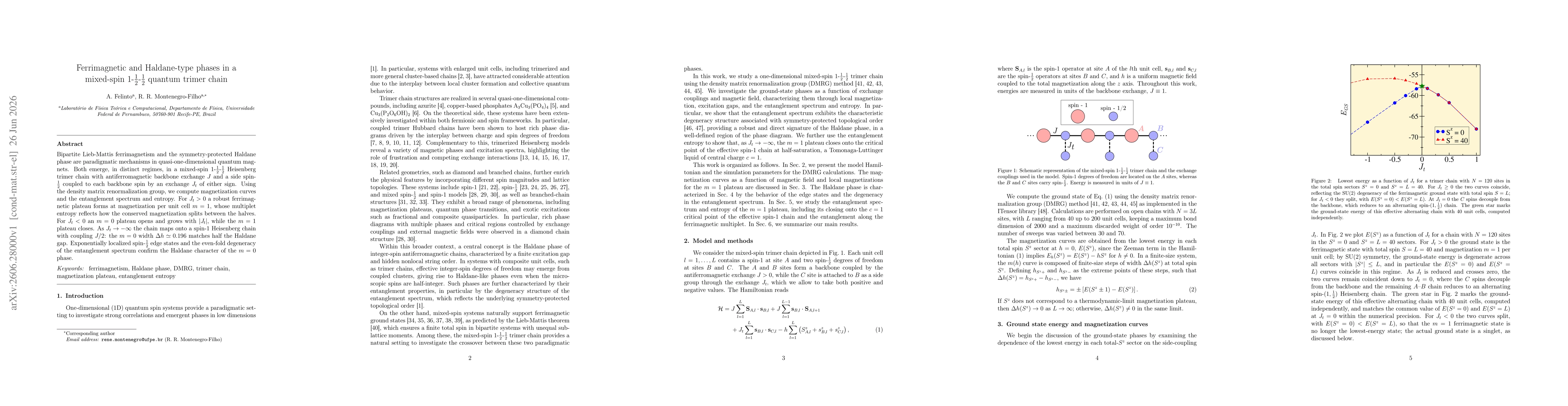 Thumbnail for Ferrimagnetic and Haldane-type phases in a mixed-spin $1$-$\tfrac{1}{2}$-$\tfrac{1}{2}$ quantum trimer chain
