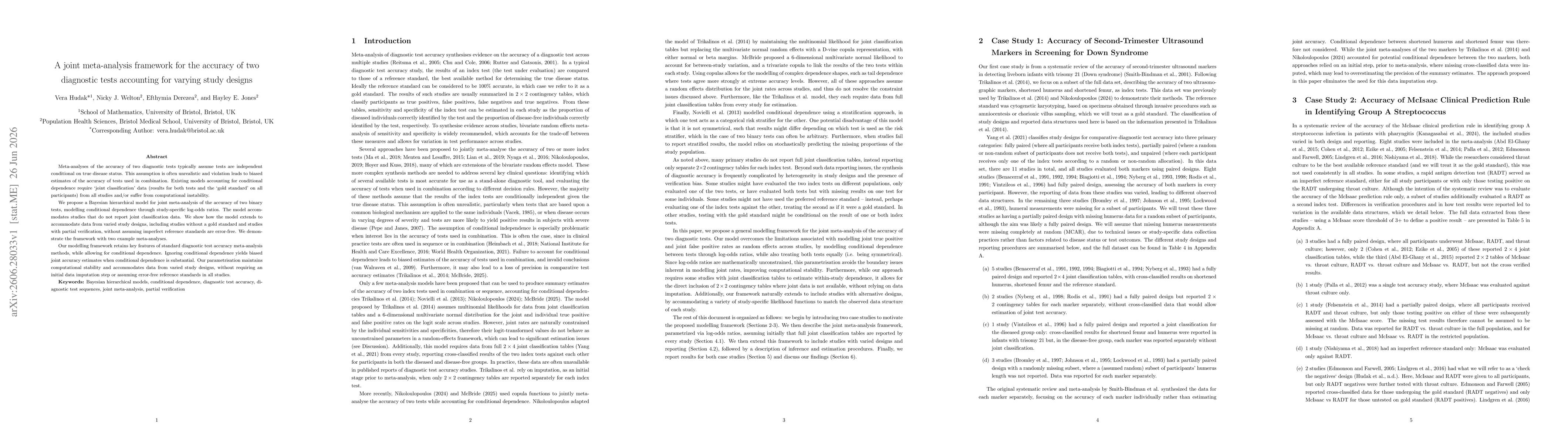 Thumbnail for A joint meta-analysis framework for the accuracy of two diagnostic tests accounting for varying study designs