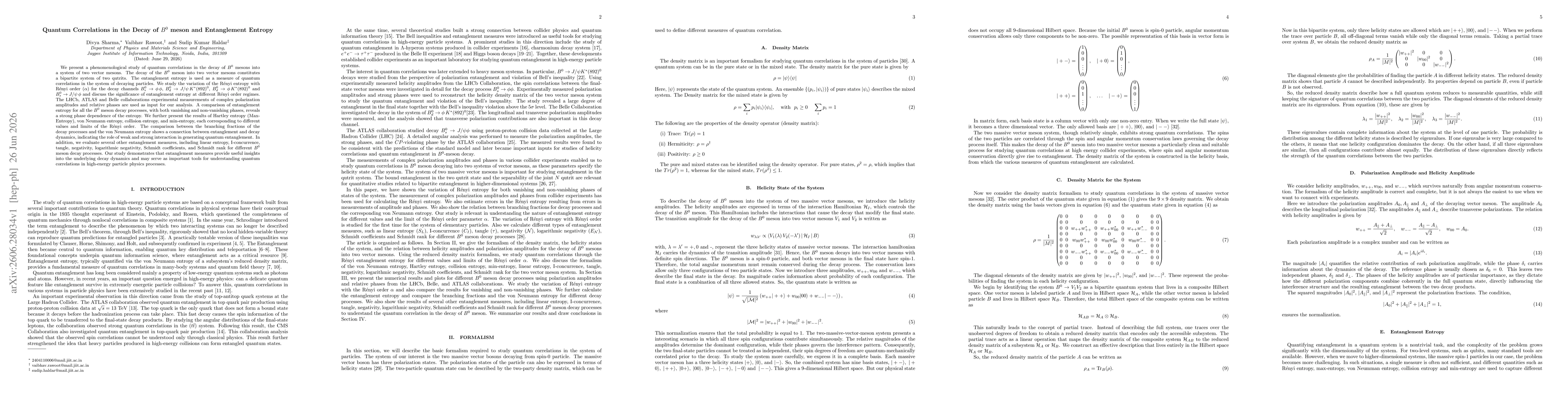 Thumbnail for Quantum Correlations in the Decay of $B^0$ meson and Entanglement Entropy