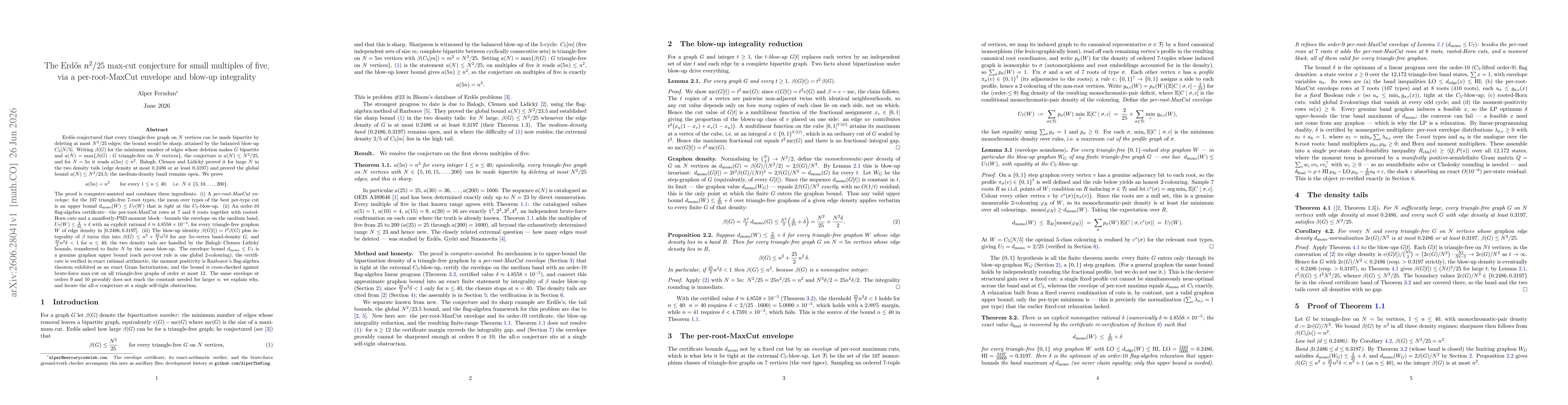 Thumbnail for The Erdos n^2/25 max-cut conjecture for small multiples of five, via a per-root-MaxCut envelope and blow-up integrality