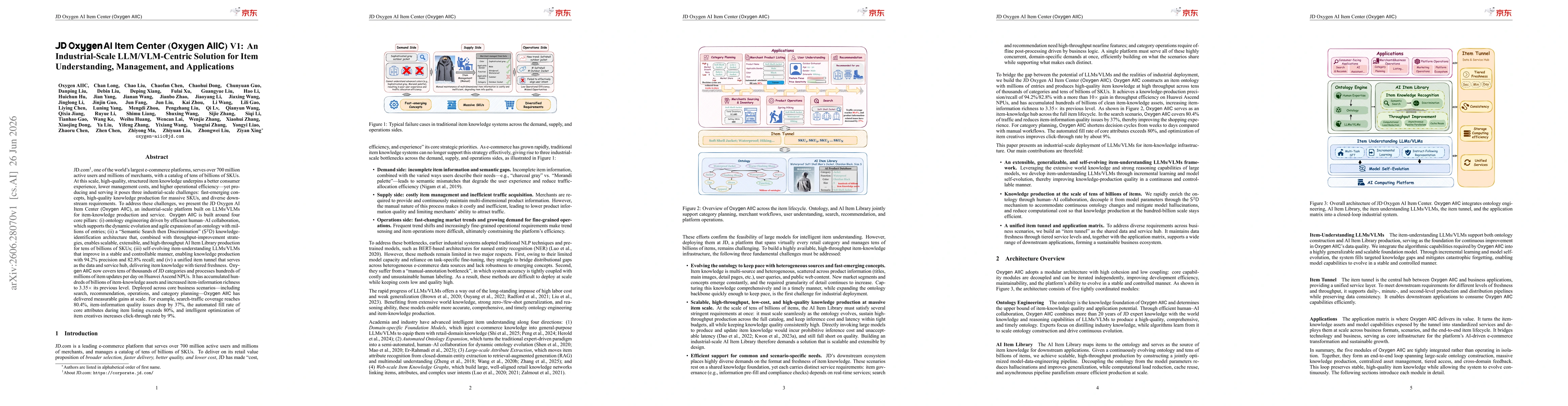 Thumbnail for JD Oxygen AI Item Center (Oxygen AIIC) V1: An Industrial-Scale LLM/VLM-Centric Solution for Item Understanding, Management, and Applications