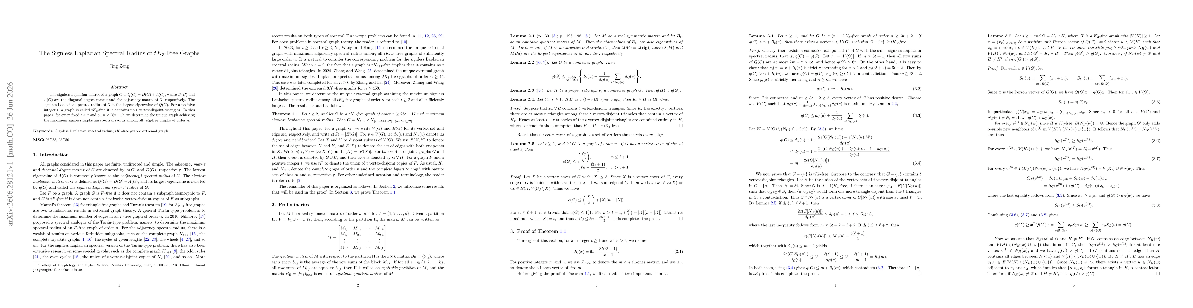 Thumbnail for The Signless Laplacian Spectral Radius of $tK_3$-Free Graphs