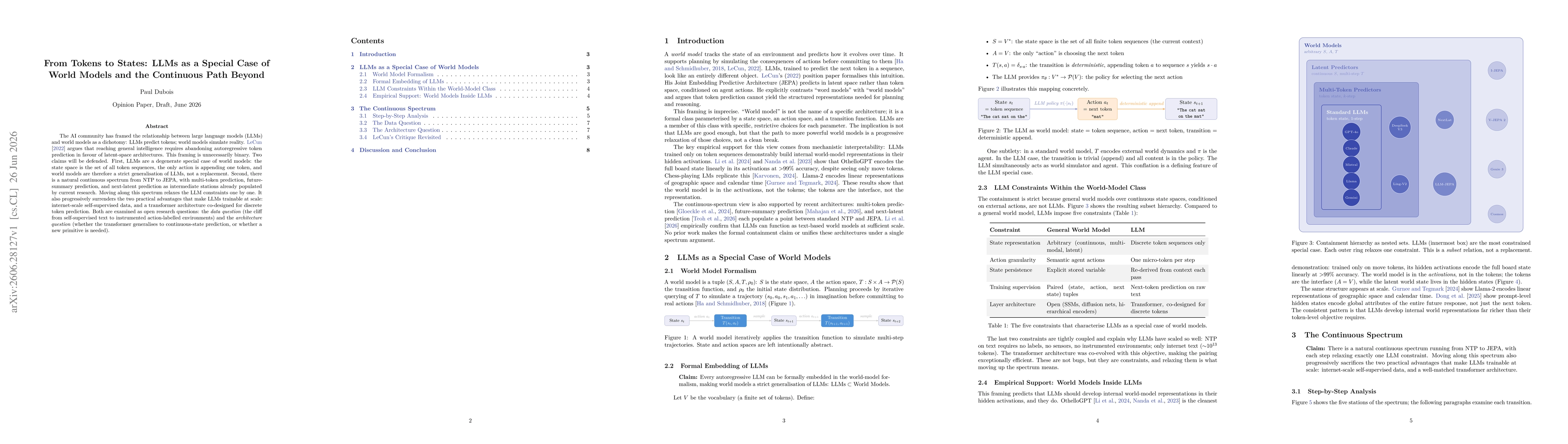 Thumbnail for From Tokens to States: LLMs as a Special Case of World Models and the Continuous Path Beyond