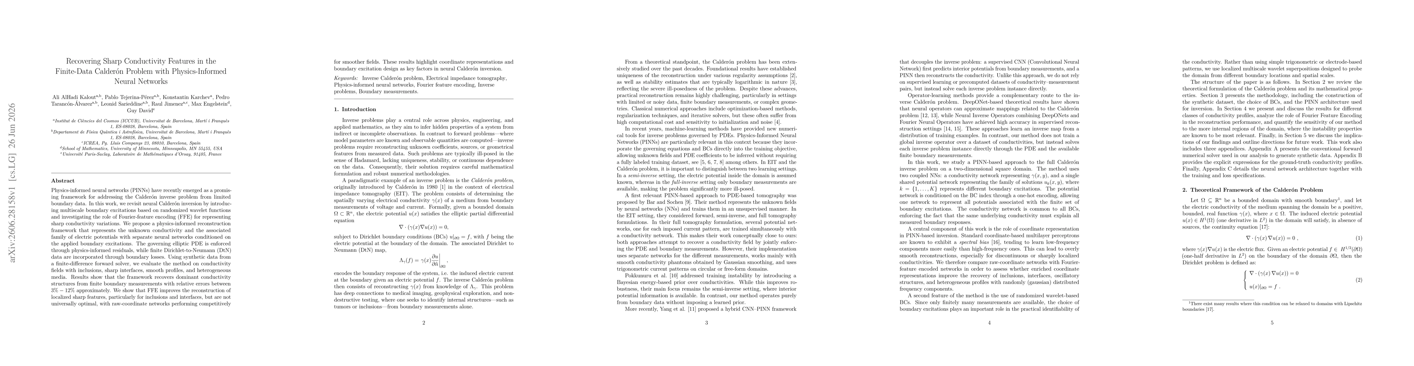 Thumbnail for Recovering Sharp Conductivity Features in the Finite-Data Calderón Problem with Physics-Informed Neural Networks