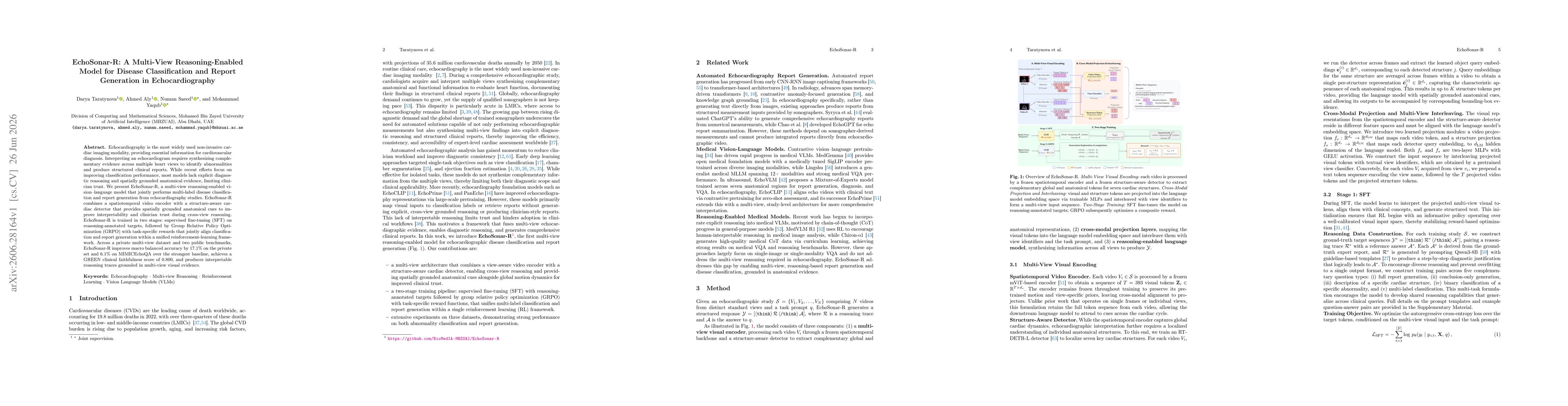 Thumbnail for EchoSonar-R: A Multi-View Reasoning-Enabled Model for Disease Classification and Report Generation in Echocardiography