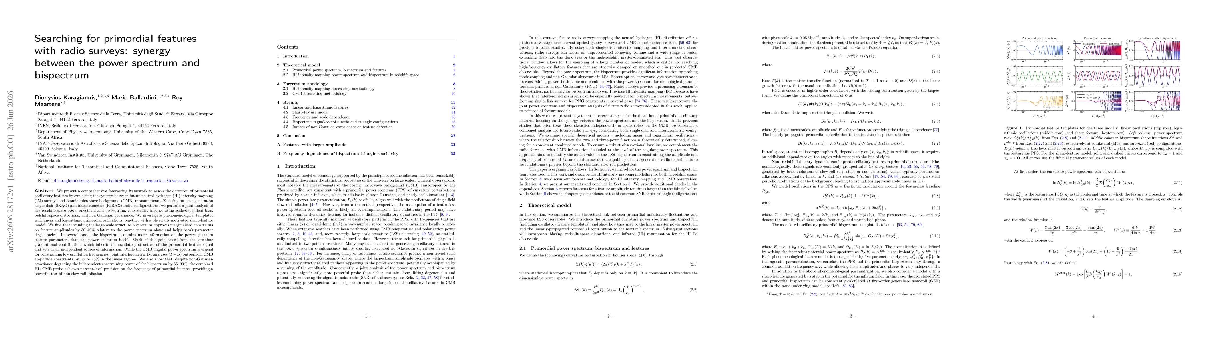 Thumbnail for Searching for primordial features with radio surveys: synergy between the power spectrum and bispectrum