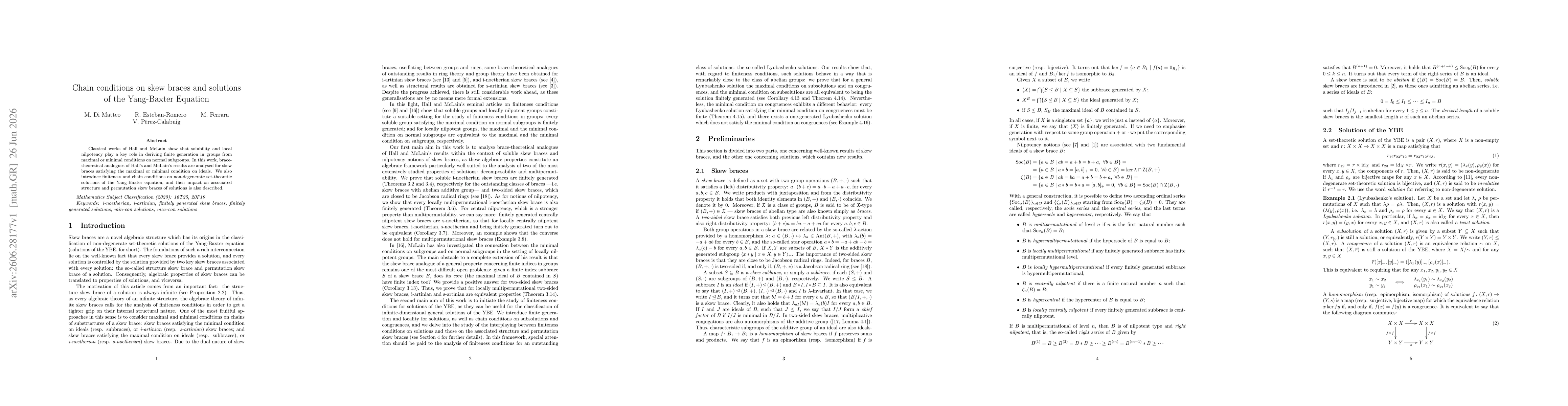 Thumbnail for Chain conditions on skew braces and solutions of the Yang-Baxter Equation