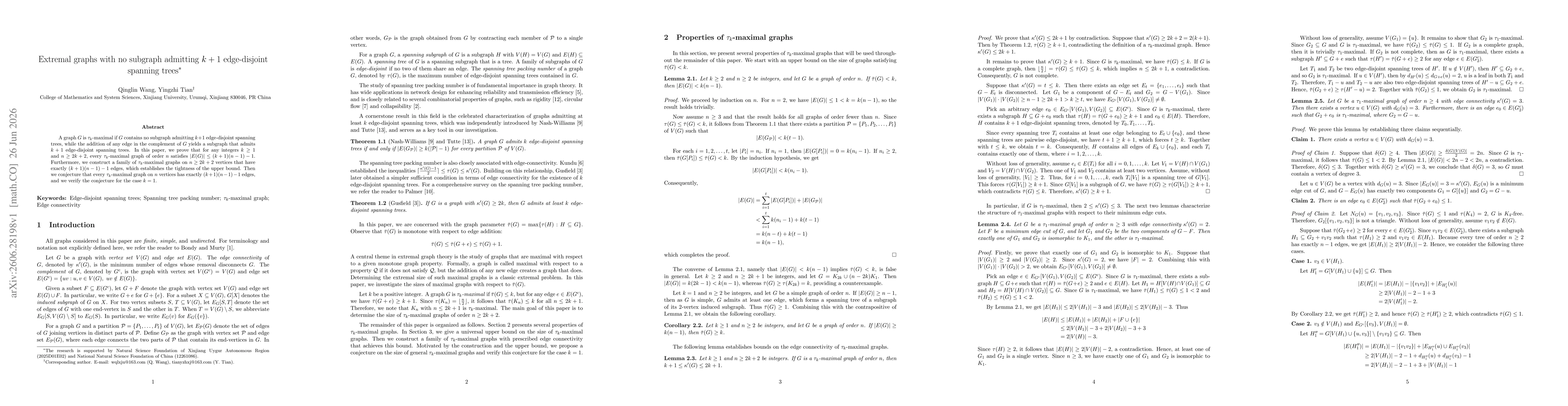 Thumbnail for Extremal graphs with no subgraph admitting $k+1$ edge-disjoint spanning trees