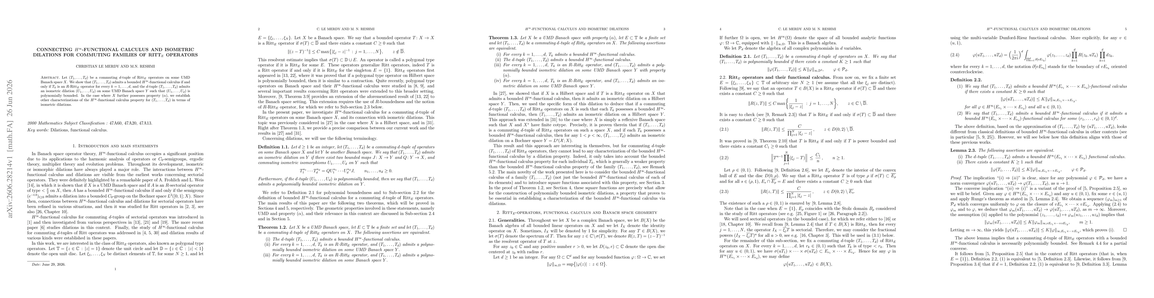 Thumbnail for Connecting $H^\infty$-functional calculus and isometric dilations for commuting families of Ritt$_E$ operators