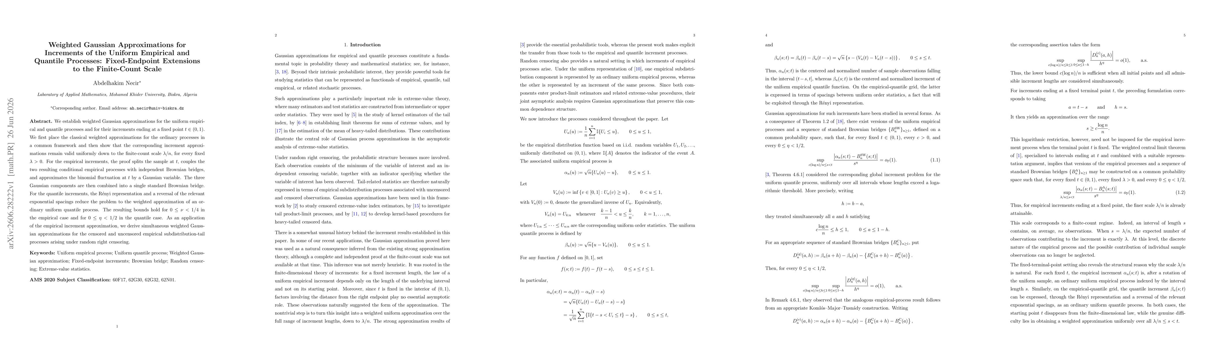 Thumbnail for Weighted Gaussian Approximations for Increments of the Uniform Empirical and Quantile Processes: Fixed-Endpoint Extensions to the Finite-Count Scale