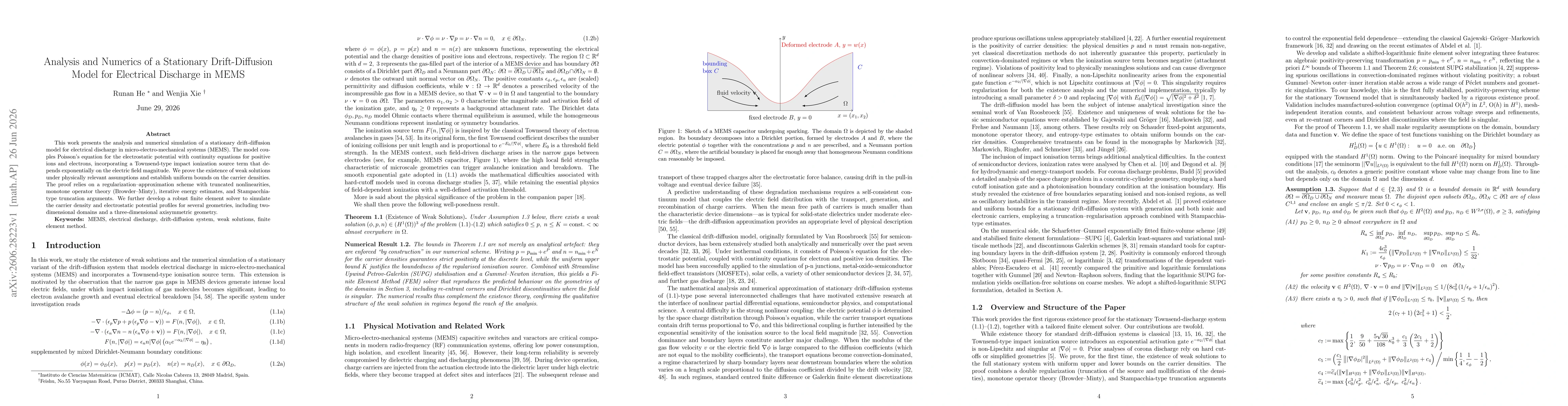 Thumbnail for Analysis and Numerics of a Stationary Drift-Diffusion Model for Electrical Discharge in MEMS