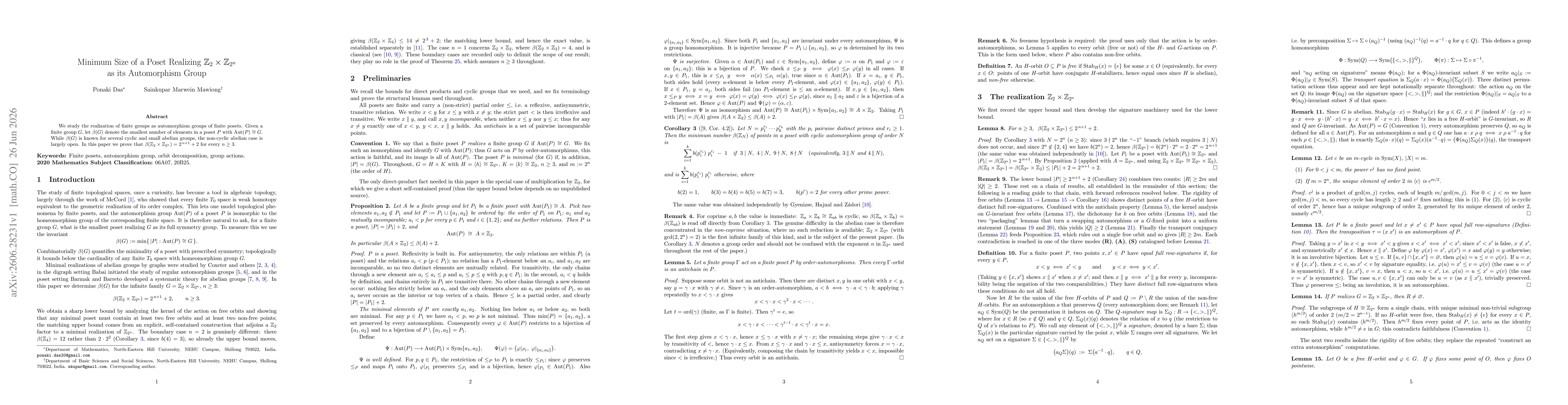 Thumbnail for Minimum Size of a Poset Realizing $\Z_{2}\times\Z_{2^{n}}$ as its Automorphism Group