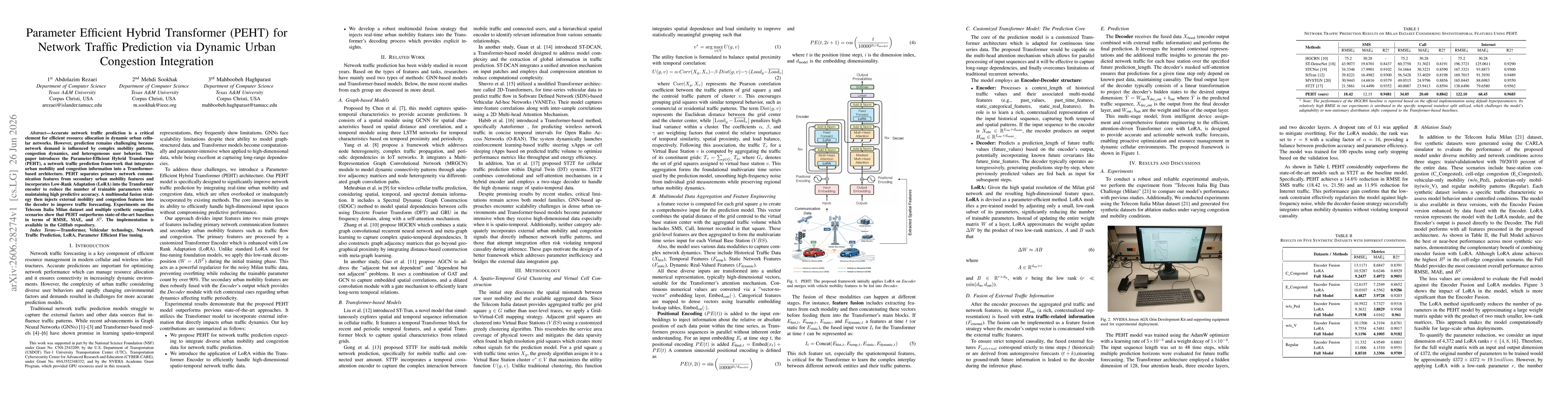 Thumbnail for Parameter Efficient Hybrid Transformer (PEHT) for Network Traffic Prediction via Dynamic Urban Congestion Integration
