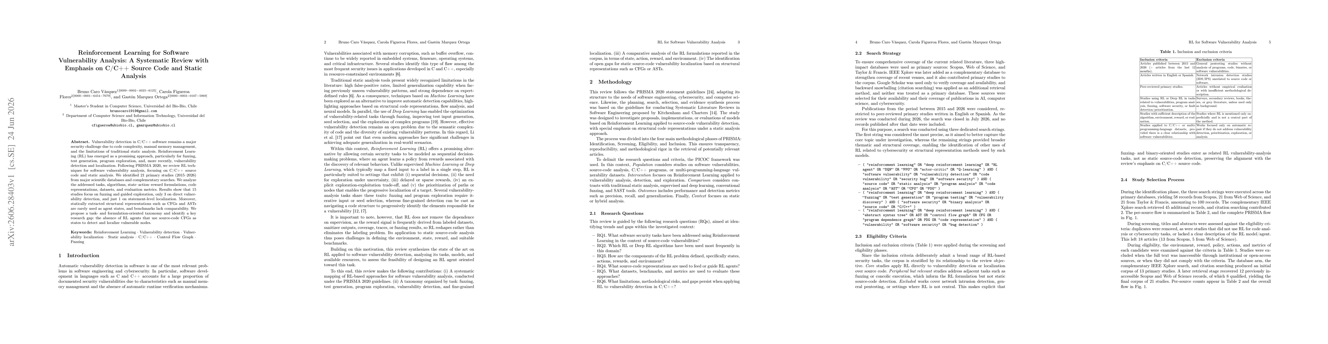 Thumbnail for Reinforcement Learning for Software Vulnerability Analysis: A Systematic Review with Emphasis on C/C++ Source Code and Static Analysis