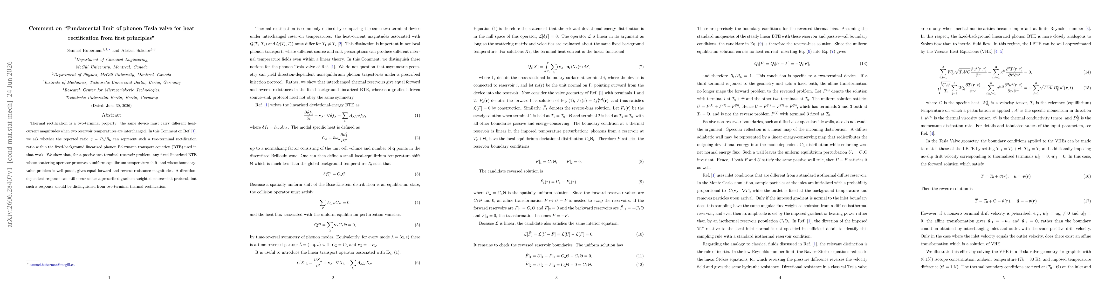 Thumbnail for Comment on "Fundamental limit of phonon Tesla valve for heat rectification from first principles"