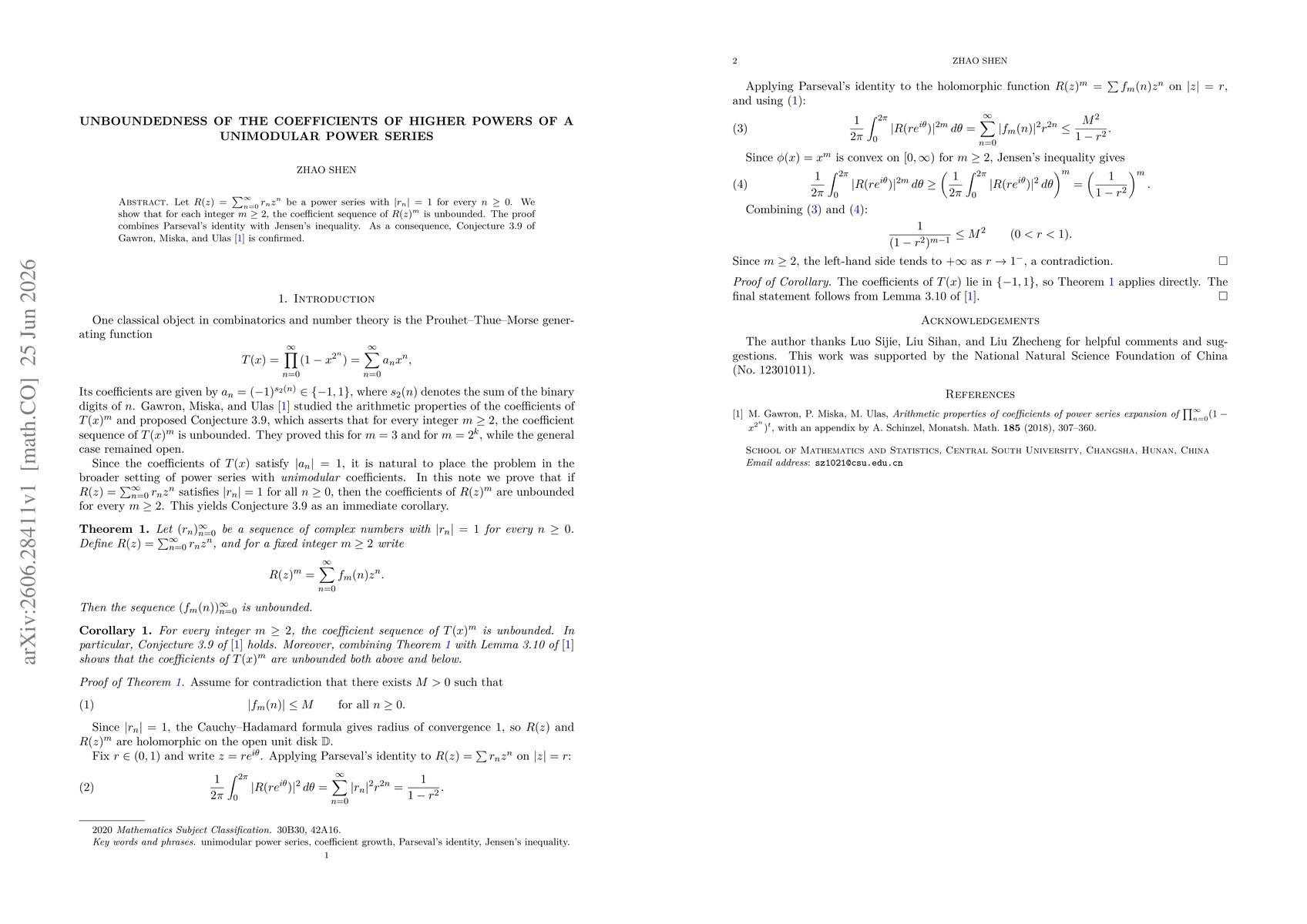 Thumbnail for Unboundedness of the Coefficients of Higher Powers of a Unimodular Power Series
