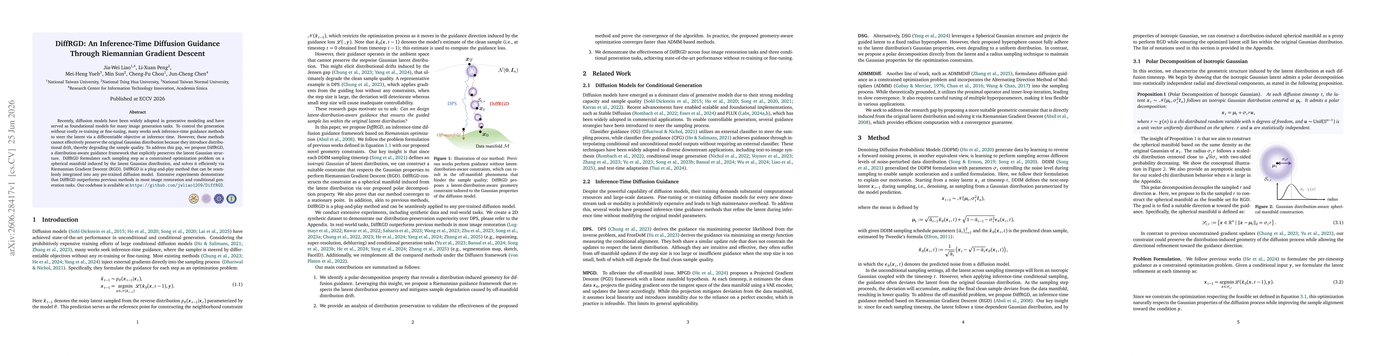 Thumbnail for DiffRGD: An Inference-Time Diffusion Guidance Through Riemannian Gradient Descent