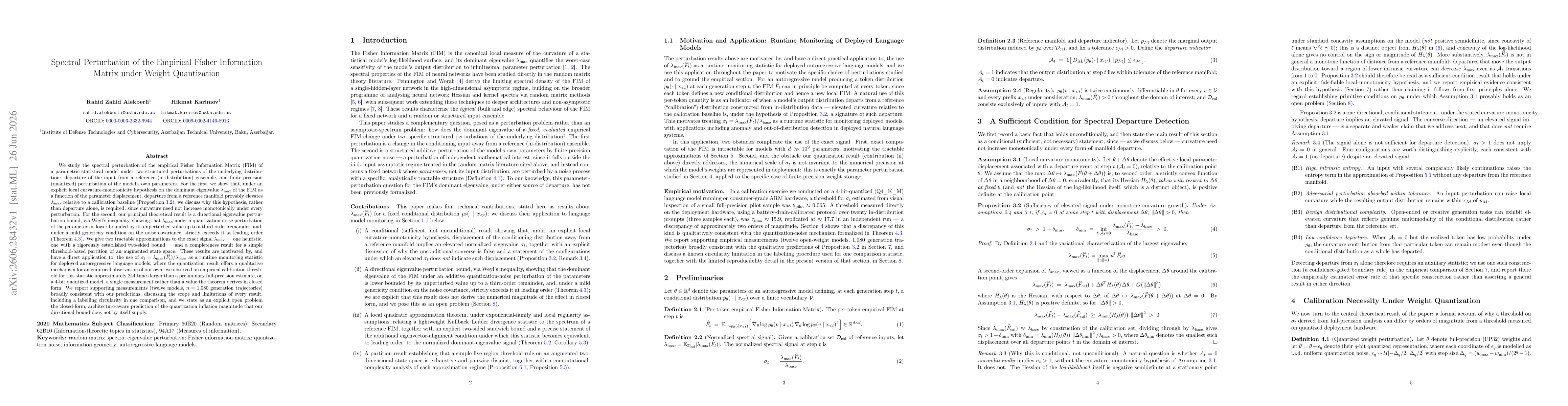 Thumbnail for Spectral Perturbation of the Empirical Fisher Information Matrix under Weight Quantization