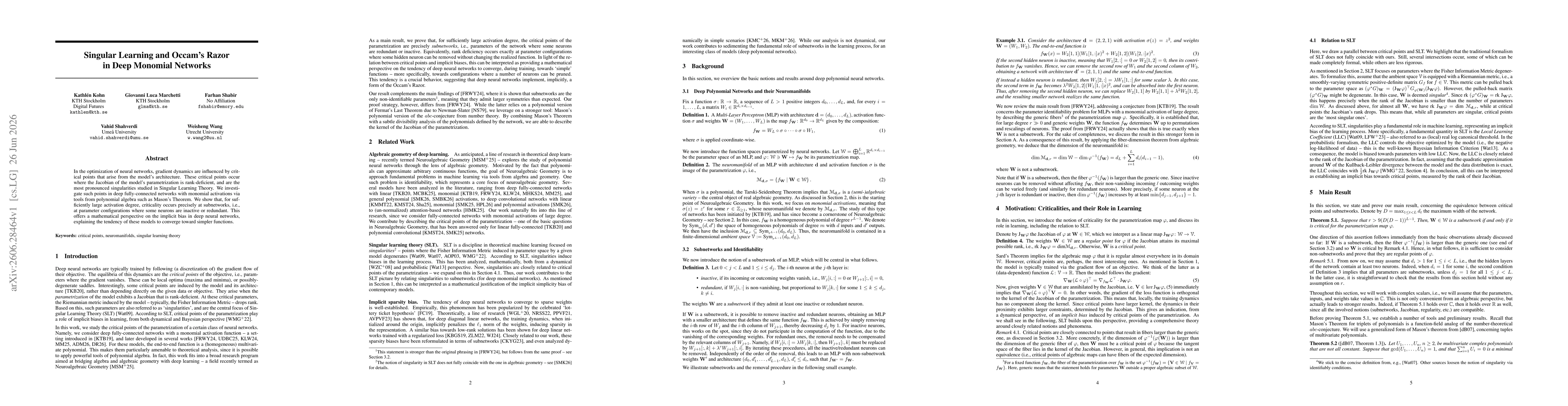Thumbnail for Singular Learning and Occam's Razor in Deep Monomial Networks