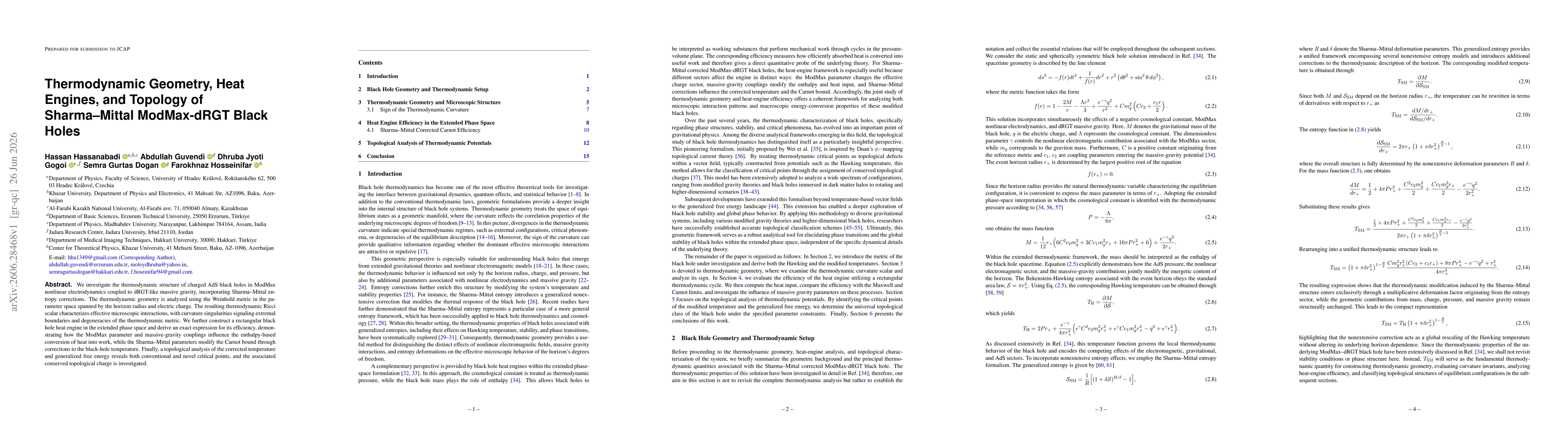 Thumbnail for Thermodynamic Geometry, Heat Engines, and Topology of Sharma--Mittal ModMax-dRGT Black Holes