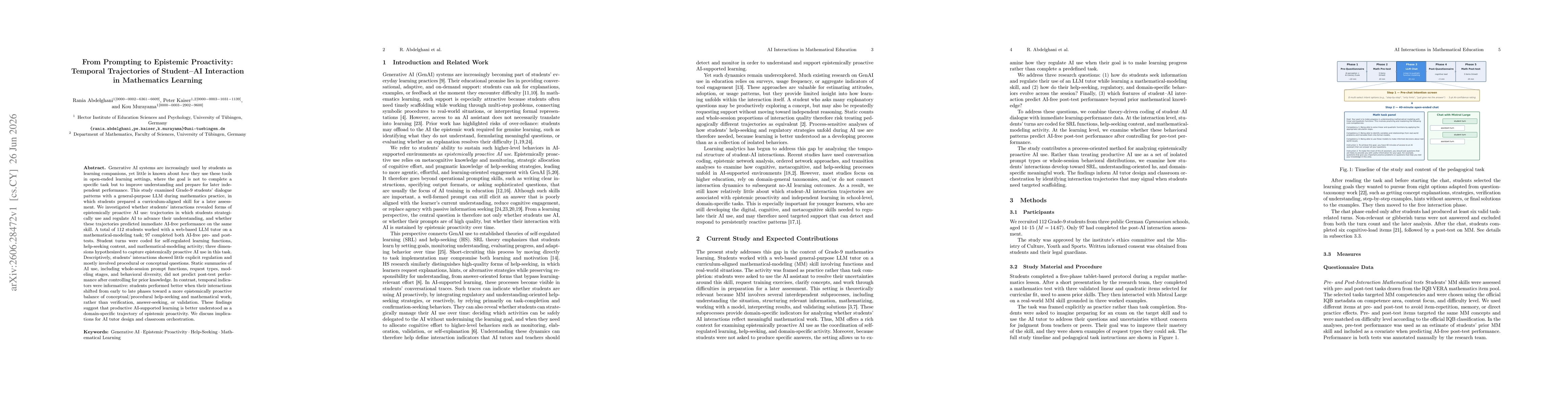 Thumbnail for From Prompting to Epistemic Proactivity: Temporal Trajectories of Student-AI Interaction in Mathematics Learning