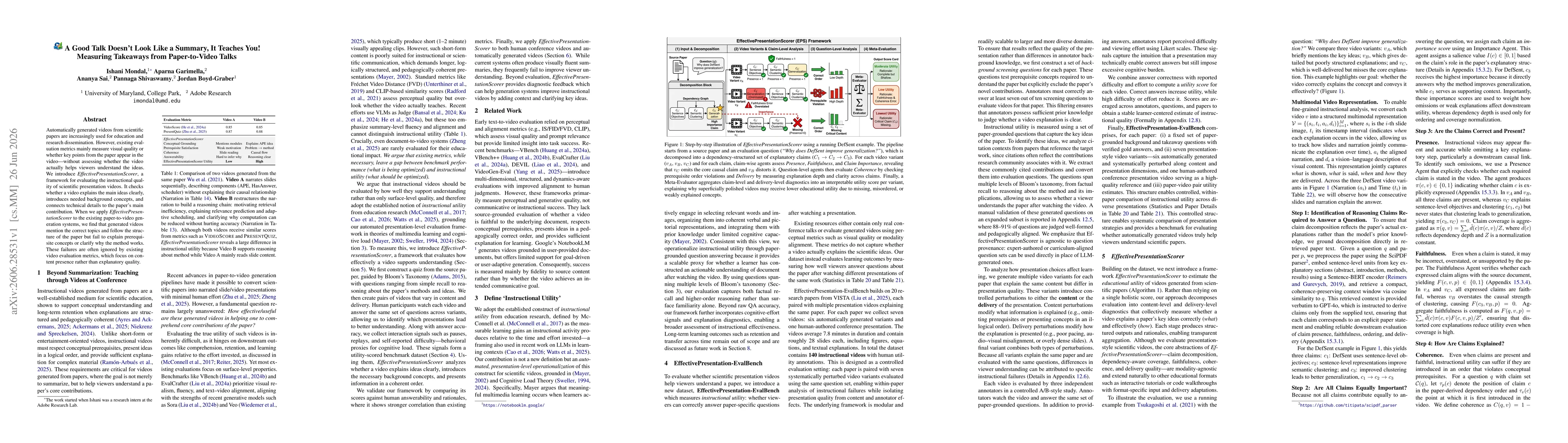 Thumbnail for A Good Talk Does not Look Like a Summary, It Teaches You! Measuring Takeaways from Paper-to-Video Talks
