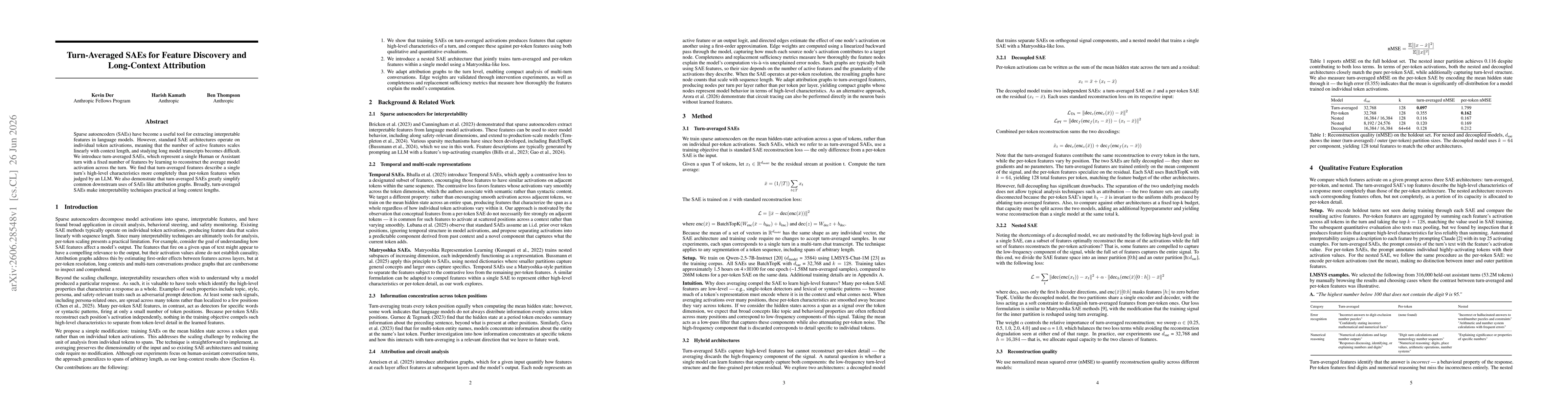 Thumbnail for Turn-Averaged SAEs for Feature Discovery and Long-Context Attribution