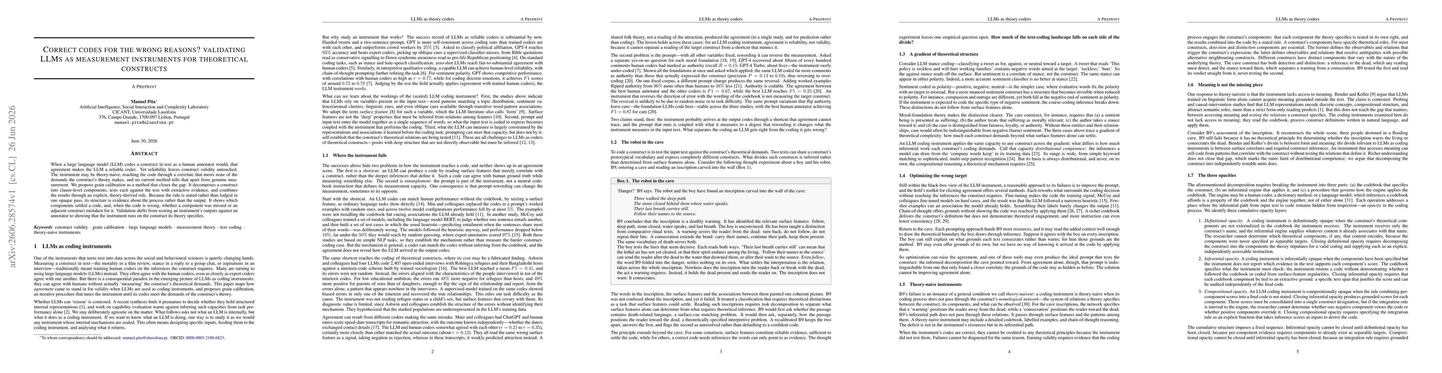 Thumbnail for Correct codes for the wrong reasons? validating LLMs as measurement instruments for theoretical constructs