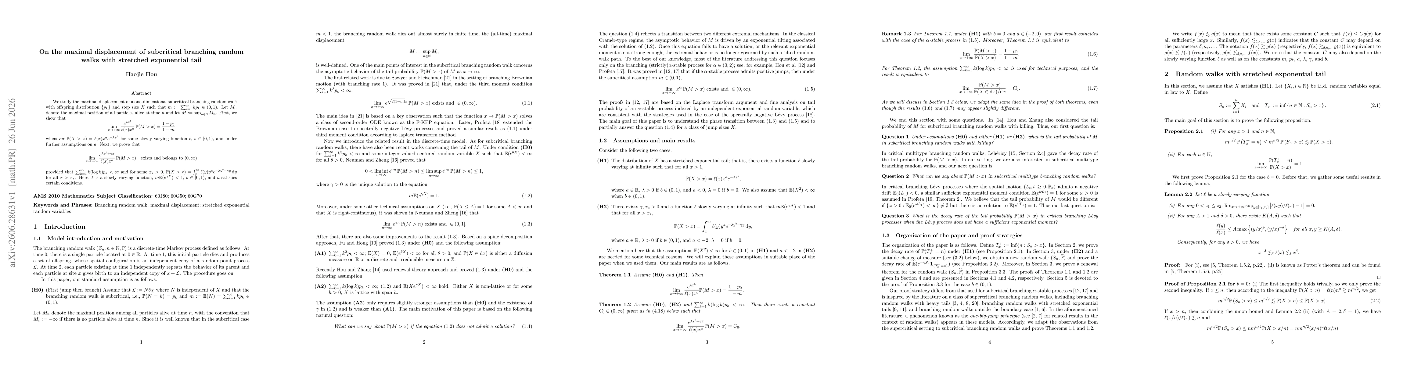 Thumbnail for On the maximal displacement of subcritical branching random walks with stretched exponential tail