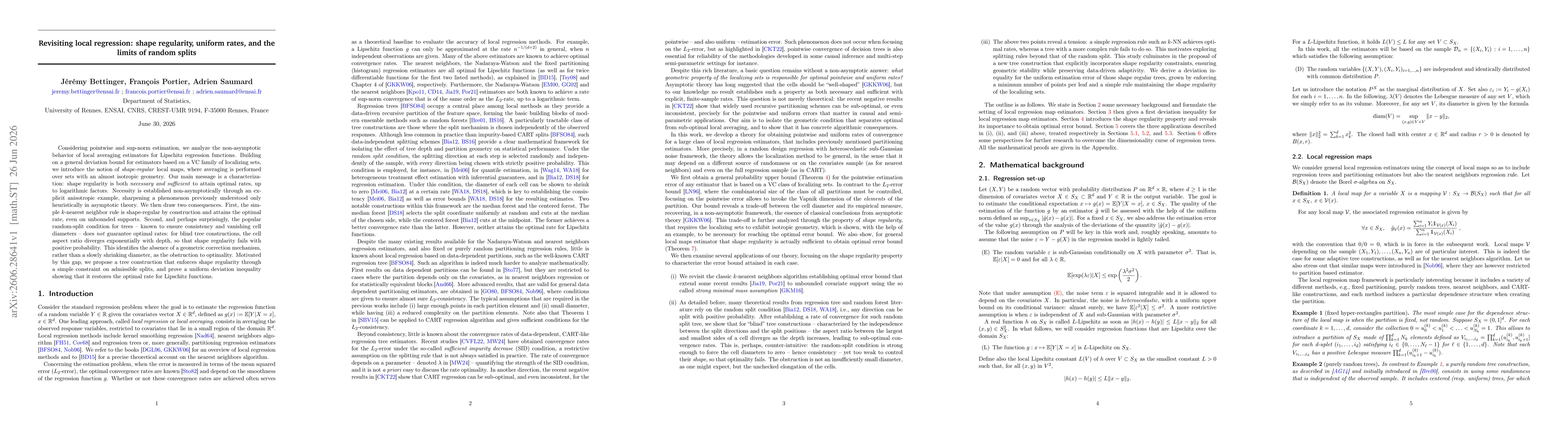 Thumbnail for Revisiting local regression: shape regularity, uniform rates, and the limits of random splits